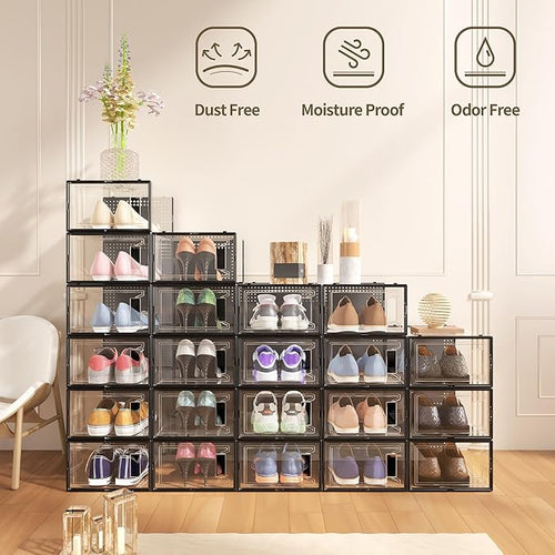12 Pack Large Shoe Organizer Storage Boxes for Closet, Modular Space Saving Shoe Boxes Clear Plastic Stackable Sneaker Containers Display Case with Lids, Black05