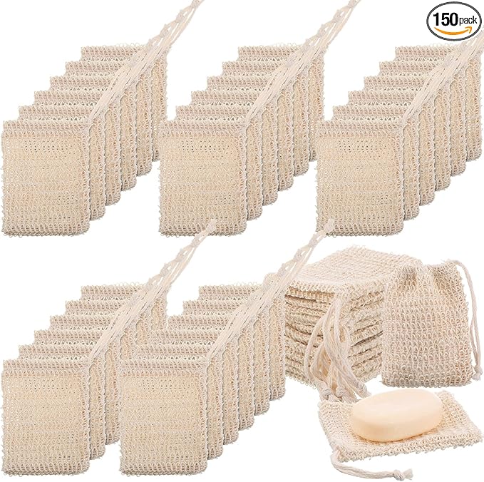 Rtteri 150 Pcs Soap Exfoliating Bag, Natural Sisal Soap Pouch Saver Body Shower Bar Mesh Body Net with Drawstring for Foaming and Drying