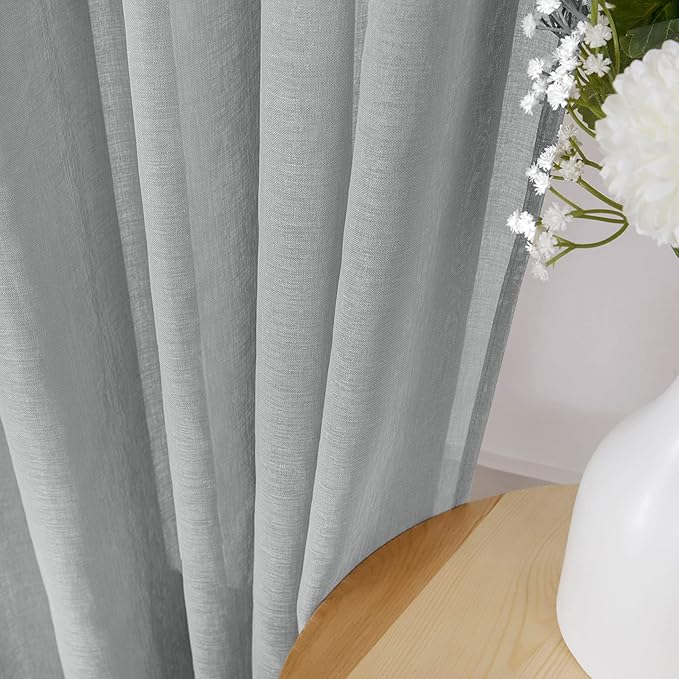 Tollpiz Sheer Curtains Bedroom Linen Textured Curtain Sheers Light Filtering Voile Rod Pocket Curtains for Living Room, 38 x 84 inches Long, Silver Grey, Set of 2 Panels