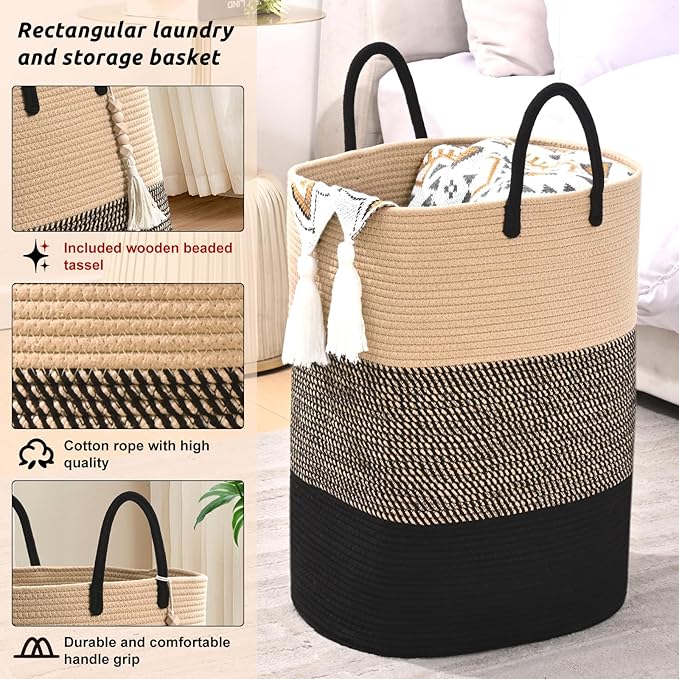 Woven Laundry Basket for Clothes, 50 L Large Rectangle Laundry Hampers with Beads Tassel, Nursery Storage Basket for Toys, Tall Dirty Clothes Hamper for Bedroom Aesthetic, Laundry Room Organization