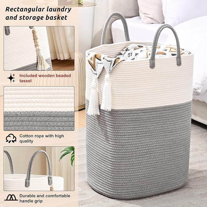 Woven Laundry Basket for Clothes, 80L Large Rectangle Laundry Hampers with Beads Tassel, Nursery Storage Basket for Toys, Tall Dirty Clothes Hamper for Bedroom Aesthetic, Laundry Room Organization