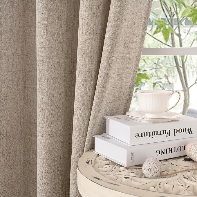 YoungsTex Dark Oatmeal Linen Curtains 40 Inch Length for Kitchen Window, Short Semi Sheer Drapes Burlap Textured Light Filtering with Rod Pocket Back Tab for Cafe Bathroom, 2 Panels, 42 X 40 Inch