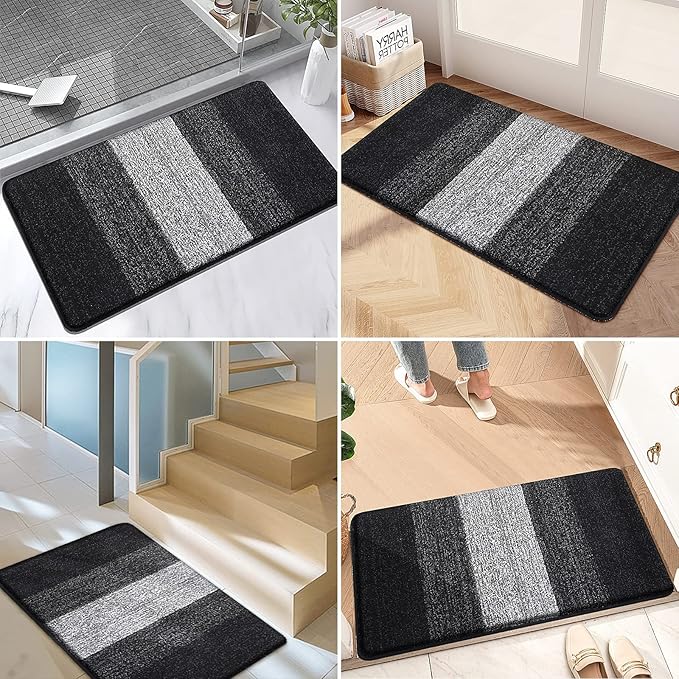Kitinjoy Indoor Outdoor Door Mat, 47x24 Non-Slip Absorbent Dirt Trapper, Low-Profile Washable Inside Entrance Front Floor Mat, Sturdy Soft Entry Doormats for Entryway, Black