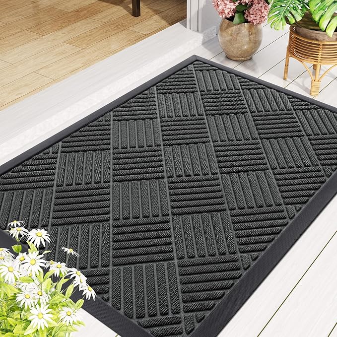 Smiry Front Door Mat Outside Entrance, Heavy Duty Outdoor Indoor Natural Rubber Doormat, Non Slip, Trap Dirt and Moisture, Easy Clean, Low Profile Patio Porch Entryway Mat, 71x47, Black