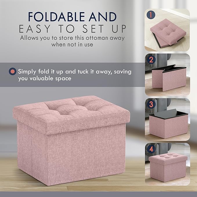 Ornavo Home Small Storage Ottoman Foldable Collapsible Rectangle Linen Ottoman Foot Rest Stool Seat, for Living Room, Bedroom, Home Office, Dorm - 12 x 16 x 12, Pink