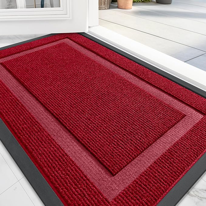 OLANLY Front Door Mat Indoor Outdoor Entrance, Waterproof All-Season, All-Weather Doormat, Sturdy Natural Rubber, Fade Resistant, Low Profile, Easy Clean Patio Porch Entryway Mat, 47x32, Wine Red