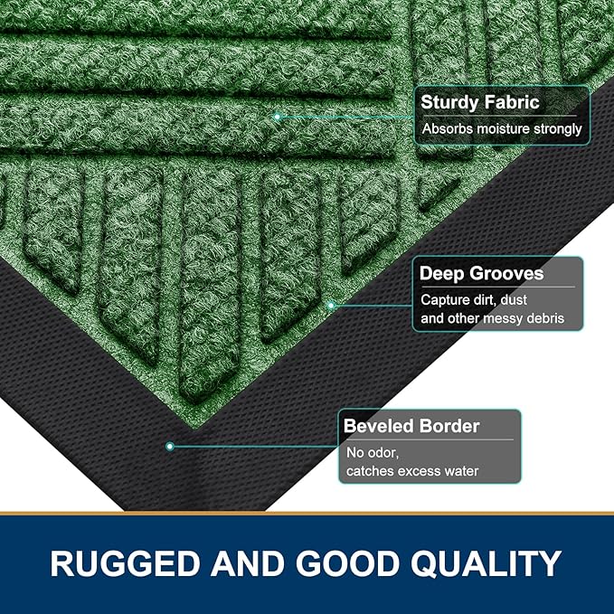 Smiry Front Door Mat Outside Entrance, Heavy Duty Outdoor Indoor Natural Rubber Doormat, Non Slip, Trap Dirt and Moisture, Easy Clean, Low Profile Patio Porch Entryway Mat, 59x35, Green