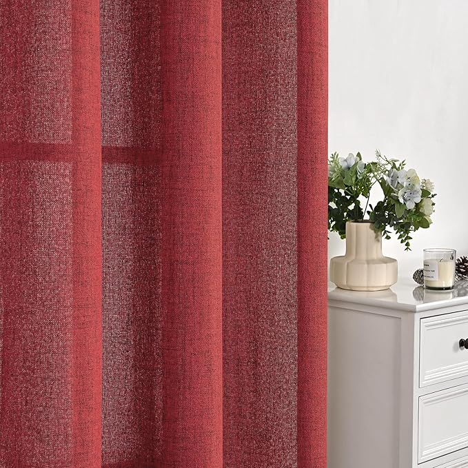 YoungsTex Red Linen Curtains 63 Inch Length 2 Panels for Living Room - Christmas Semi Sheer Window Drapes with Back Tab Rod Pocket Light Filtering for Bedroom, 52 X 63 Inch
