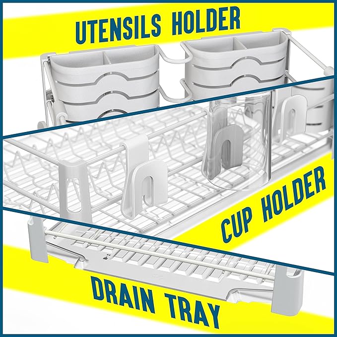 SIMPLE HOUSEWARE White Dish Drying Rack with Drainboard, Utensil Holder & Mug Hooks – Metal Kitchen Counter Organizer