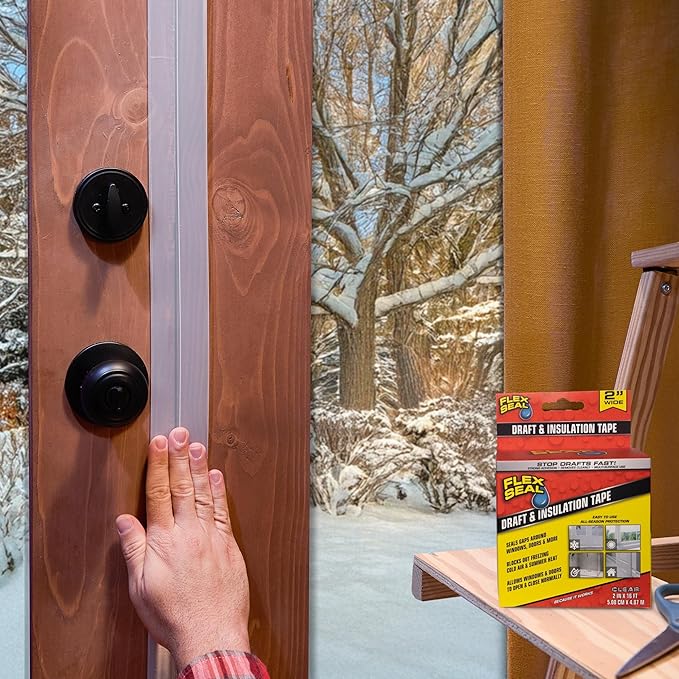 Flex Seal Draft and Insulation Sealing Tape, Flexible, Rubberized, Weatherproof Strip for Windows, Doors, Vents, Works on Wood, Glass, Tile, Metal, Plastic, Fiberglass, Clear, 2 in x 16 ft, Pack of 1