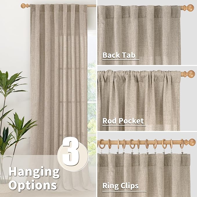 YoungsTex Dark Oatmeal Linen Curtains 72 Inches Long for Living Room, Semi Sheer Window Drapes Light Filtering with Back Tab Rod Pocket for Bedroom Office Dining Room, 2 Panels, 42 X 72 Inch