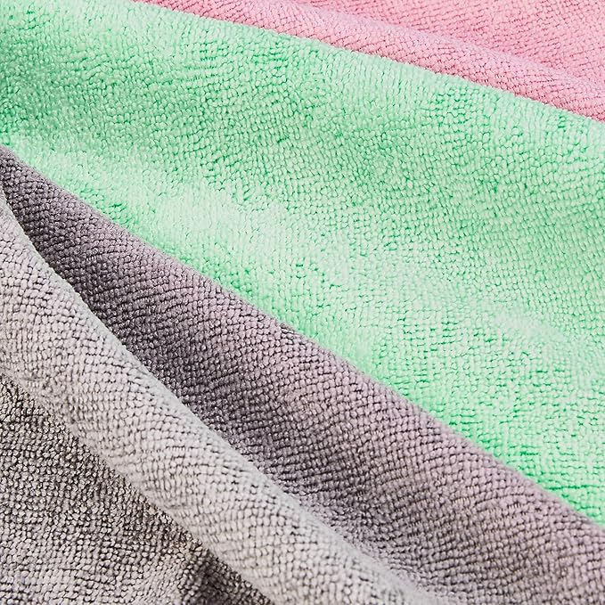 Amazon Basics Microfiber Cleaning Cloths, Ultra Soft and Absorbent, Free from Streaks/Lint/Scratch for Cars, 16" x 12", Green/Gray/Pink, 24-Pack