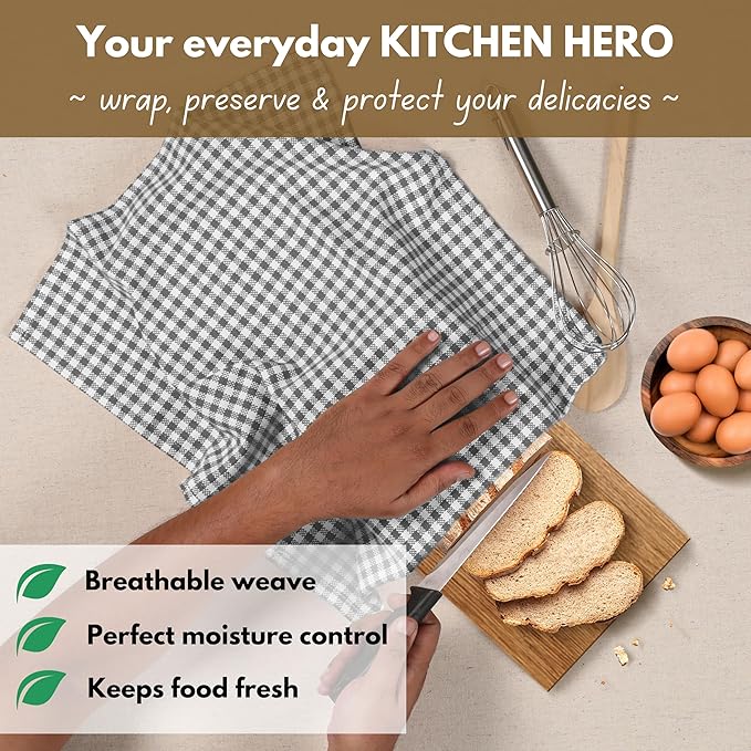 Native Fab 12 Pack Gingham Mini Check Kitchen Dish Towel Cotton Durable Washable 16"x26" - Tea Towels, Soft Absorbent Wash Cloths, Multi Purpose Towels with Hanging Loop - Grey White