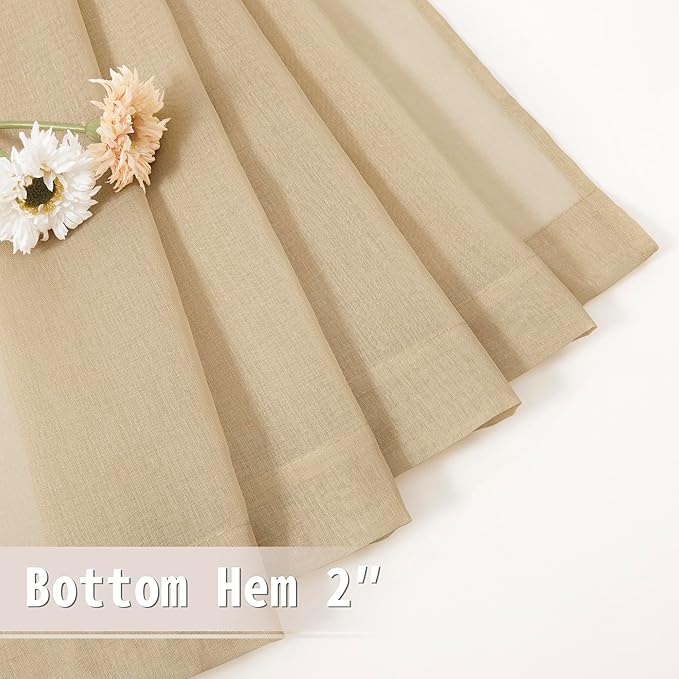 Tollpiz Short Sheer Door Curtains Closet Linen Textured Curtains Sheer Doorway Light Filtering Voile Patio Glass Door Rod Pocket Curtain French Door, 54 x 40 inches Long, Beige, Set of 1 Panel