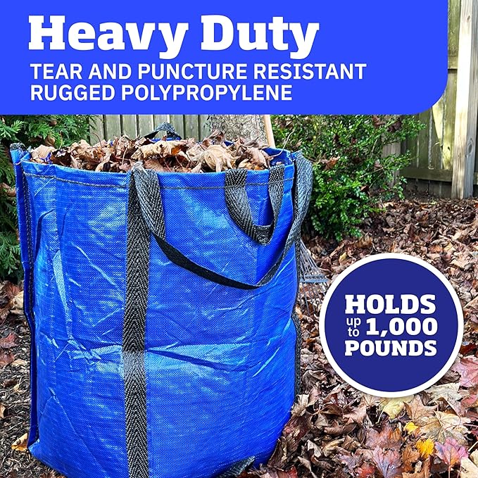 DURASACK Heavy Duty Home and Yard Bags 48-Gallon Reusable Self-Standing Lawn and Leaf Bags Garbage Can with Reinforced Handles, Blue, 3 Pack