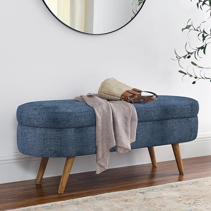 Storage Bench, 43" Storage Ottoman Bench, Shoe Storages Benches for Bedroom, Upholstered Entryway Benches with Seating, Rubber Wood Legs for Bedroom, Living Room, Entryway, Bed Side, Dark Blue