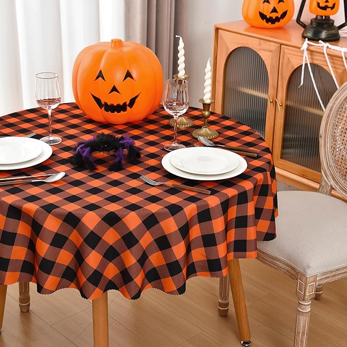 Waterproof Plaid Tablecloth Fabric - Round 58 Inch Classic Gingham Checker Table Cloth for Indoor/Outdoor Use - Buffalo Table Cover for Picnics, BBQs, and Parties