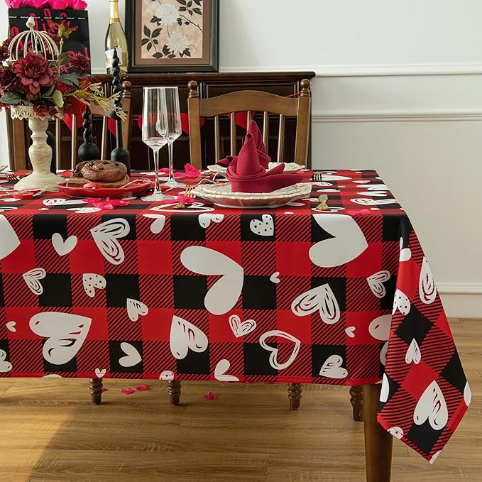 Red Gingham Plaid Love Heart Tablecloth - Valentines Day Rectangular 58x102 Inch Water Resistant Table Cloth for Indoor/Outdoor Use - Holiday Table Cover for Kitchen, Picnics, and Parties
