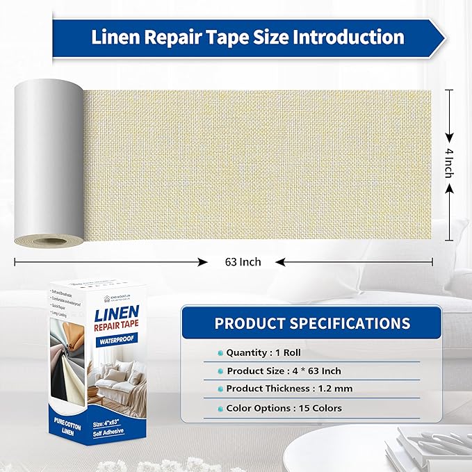 KING MOUNTAIN Linen Repair Patches, Self-Adhesive Fabric Patches, 4 X 63 inch Extra Size, Multi Color, Can be Used fo Sofa Repair and Linen Clothes Repair (Beige 1.0)