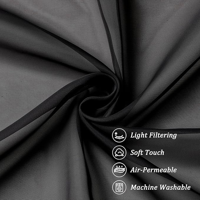 Chyhomenyc Black Sheer Window Curtain Panels 54 Inch 2 Panels, Light Filtering Solid Voile Curtains Drapes for Small Window/Bathroom/Living Room/Bedroom, Rod Pocket, Each 42Wx54L