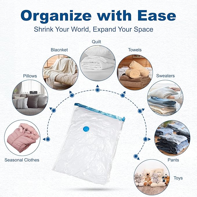HOUSE DAY 30 Pack Vacuum Storage Bags with Electric Pump, 4 Sizes + 2 Roll-Up (5 Each), Space Saver Vacuum Seal Bags for Clothing, Bedding, Pillows, Travel – Airtight Seal, Reusable & Durable