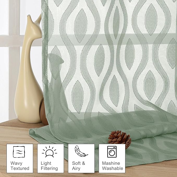 Aiyufeng Green Valance Curtains 14 Inch Length, Chic Wavy Line Clip Jacquard Sheer Curtains for Basement Bathroom Small Curtain, Lightweight Solid Rod Pocket Small Window Curtains, 2 PCS, 40Wx14L Inch