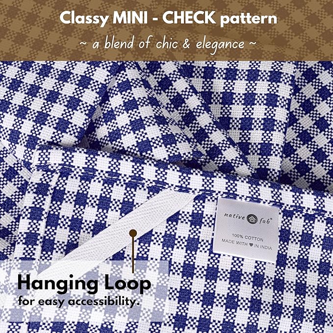 Native Fab Gingham Dish Towels 16x26 inches Set of 4 - Absorbent Washable Dishcloths, Dish Towels for Quick Drying Dishes, Kitchen Hand Towels with Hanging Loop, Blue White