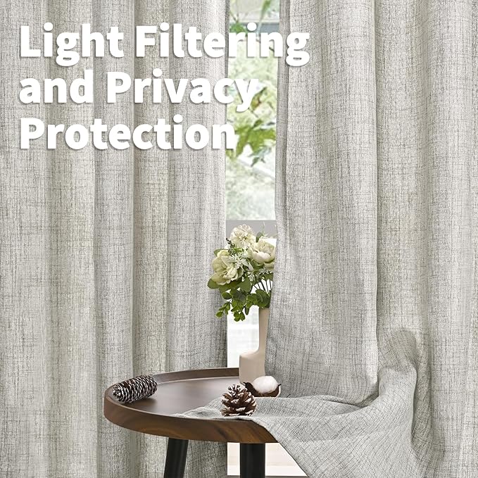 YoungsTex Dark Grey Linen Semi Sheer Curtains 36 Inch Length for Cafe Winow, Short Drapes Light Filtering with Rod Pocket Back Tab for Bathroom, 2 Panels, 42 X 36 Inch