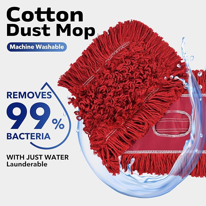 Matthew Cleaning 36'' Industrial Strength Cotton Dust Mop Refill Washable Replacement Heads for Residential & Commercial Use Fit Standard Dust Mop Frames, Hardwood, Concrete Floors Red 3 Pack