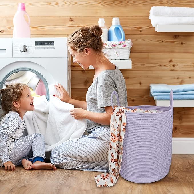 Rope Laundry Basket Hamper for Clothes Woven Storage Basket for Living Room Bedroom Boho Tall Rope Baskets for Blanket Toys Pillow Towels Baby Nursery Hamper Bin Large purple or lavender