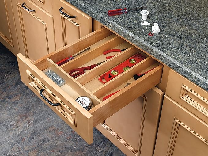 Rev-A-Shelf Trim-to-Fit Silverware Drawer Organizer for Kitchen Utensils, Cutlery Cabinet Storage Divider Insert, 18.5 x 22 in, Maple Wood, 4WUT-1SH