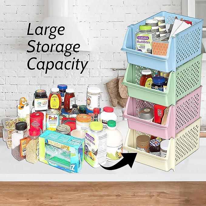 Skywin Plastic Stacking Bins Open Front for Pantry, 12-Pack Stackable Bins For Organizing Food, Kitchen, and Bathroom Essentials (Multi)