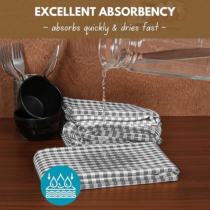 Native Fab Gingham Kitchen Towels 6 Pack, 100% Cotton 16x26 Inch, Absorbent & Washable Tea Towels, Soft Dish Cloths with Hanging Loop for Drying & Cleaning, Grey White