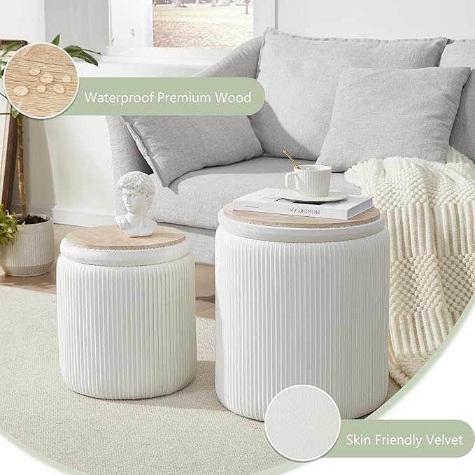 Round Ottoman with Storage Set of 2,Vanity Stool with Storage for Bedroom, Ottoman Coffee Table,Small Velvet Foot Stool for Living Room, White