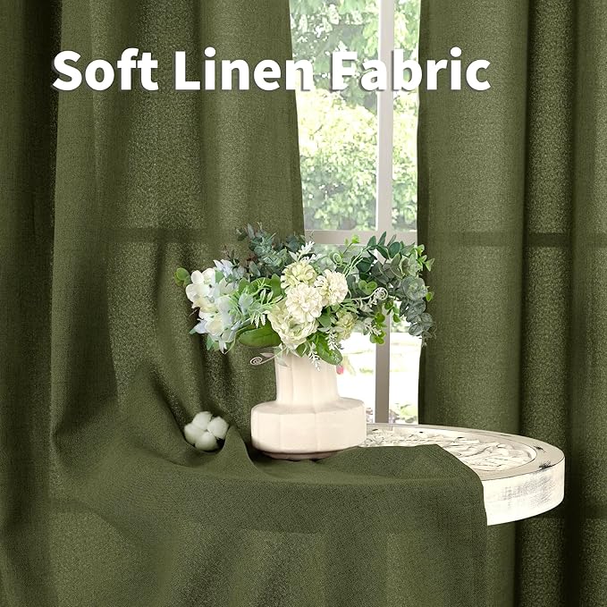 YoungsTex Olive Green Linen Curtains 78 Inch Length for Living Room, Light Filtering Semi Sheer Window Drapes with Rod Pocket Back Tab for Office Dining Bedroom, 2 Panels, 52 X 78 Inch