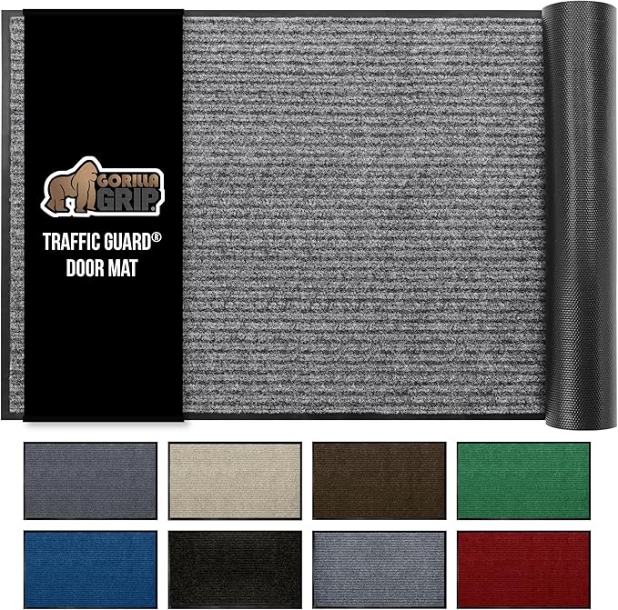 GORILLA GRIP Traffic Guard Door Mat, 47x35, Heavy Duty Welcome Mats, Commercial Office Space Doormat, Waterproof, Fade Resistant, Strong Rubber Backing, Low Profile, Shoe and Boot Scraper, Light Gray
