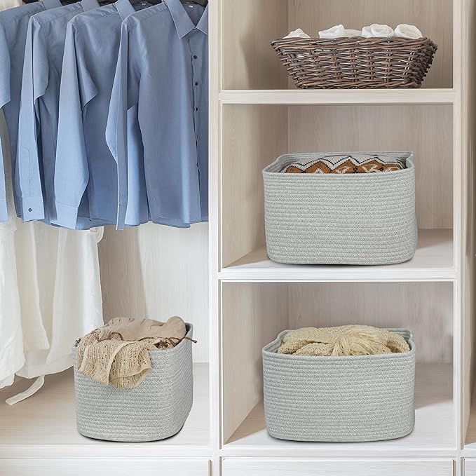 Cotton Rope storage Basket Bins Woven Basket for Organizing Shelves 14.5X9.5X9.3“ Rectangle Decorative Baskets For storage Clothes Toys Books Towels Square Wicker Nursery basket organizer 3 pack grey