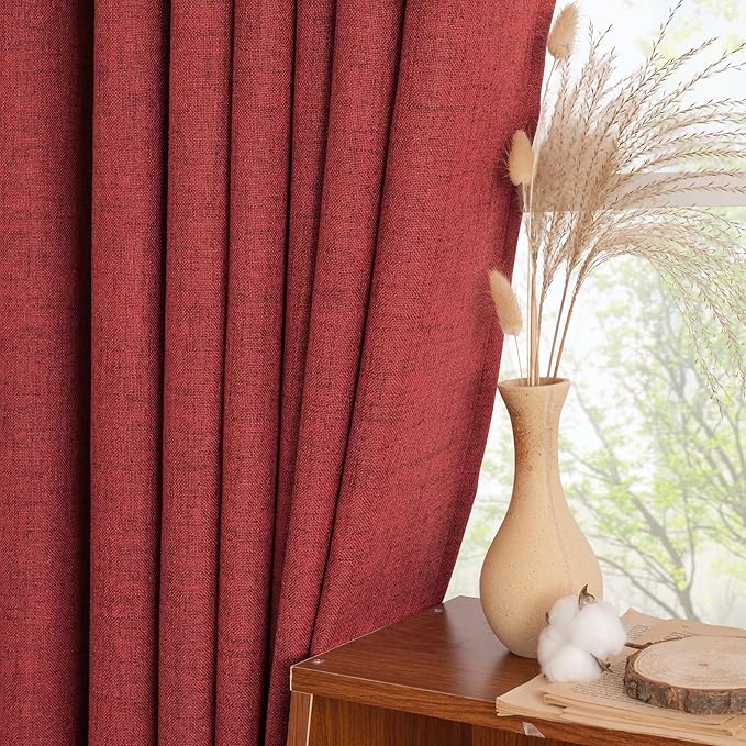 YoungsTex Red Linen Curtains 48 Inch Length for Kitchen, Short Semi Sheer Window Drapes with Rod Pocket Back Tab Light Filtering for Christmas Living Room Bedroom Bathroom, 2 Panels, 42 X 48 Inch