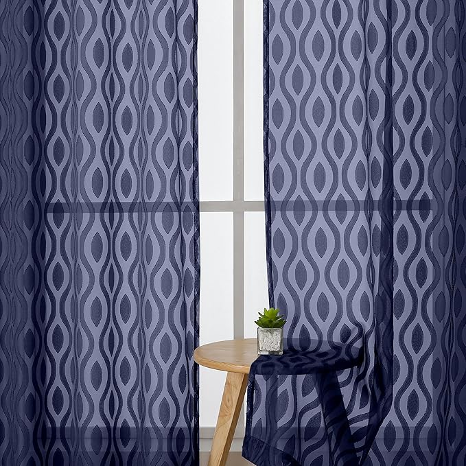 Aiyufeng Blue Sheer Curtains 54 Inch Length 2 Panels, Soft Lightweight Clip Jacquard Textured Sheer Curtain Panels, Modern Wavy Line Voile Sheer Curtains for Bedroom Living Room, 40" Wx54 L Inches
