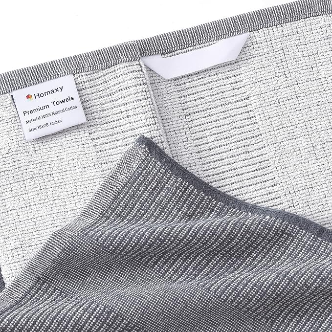 Homaxy Premium Kitchen Towels(18”x 28”, 12 Pack), Large Cotton Kitchen Hand Towels, Flat and Terry Dish Towels, 380 GSM Highly Absorbent Tea Towel Set with Hanging Loop, Grey