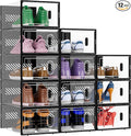 BALEINE 12 Pack Stackable Shoe Storage Boxes Fit Size 11, Thickened Clear Shoe Box Bins with Lids, Plastic Foldable Organizer Sneaker Storage Containers (X-Large, Black)
