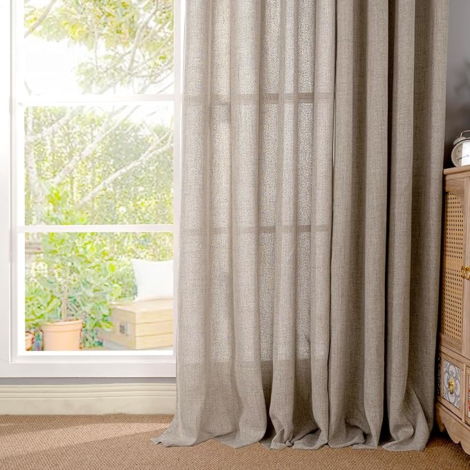 YoungsTex Dark Oatmeal Linen Semi Sheer Curtains 80 Inch Length for Living Room, Light Filtering Window Treatments Drapes with Rod Pocket Back Tab for Bedroom, 2 Panels, 52 X 80 Inch