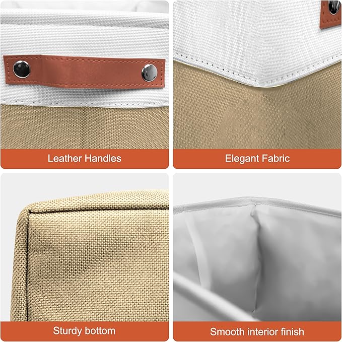 12in Open Fabric Storage Basket with Leather Handles for Organizing, Collapsible Linen Closet Bins for Shelves, Closets, Laundry, Decorative Basket for Gifts. (White＆Khaki, 2PCS/12x12in)