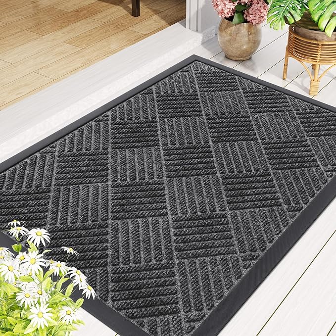 Smiry Front Door Mat Outside Entrance, Heavy Duty Outdoor Indoor Natural Rubber Doormat, Non Slip, Trap Dirt and Moisture, Easy Clean, Low Profile Patio Porch Entryway Mat, 47x23, Light Grey