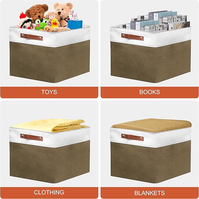 11in Open Fabric Storage Basket with Leather Handles for Organizing, Collapsible Linen Closet Bins for Shelves, Closets, Laundry, Decorative Basket for Gifts. (White＆Brown, 2PCS/11x11in)