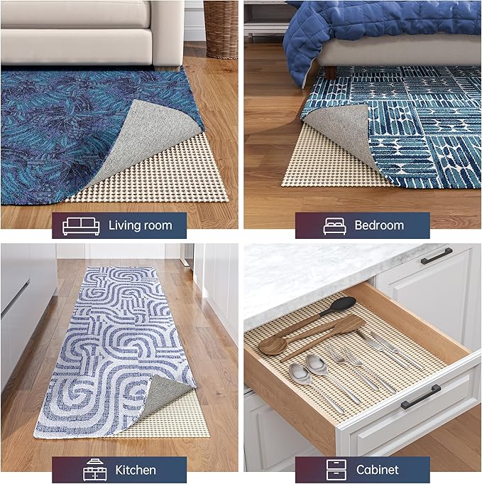 Non-Slip Rug Pad Gripper 2.5x14 Feet, Anti Skid Mat for Under Area Rugs, Keeps Rugs in Position and Safe, Thick Cushioned Carpet Pad for Hardwood Floors Protection