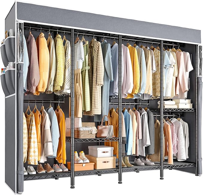Raybee Clothes Rack with Cover,1150LBS Heavy Duty Clothing Rack for Hanging Clothes,Adjustable Portable,18" D x 76" W x 77" H,Black