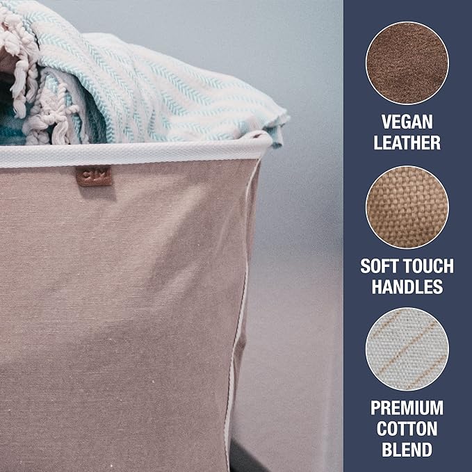 CleverMade Collapsible Laundry Basket Hamper - LUXE Cream Herringbone 2Pack 60L -SpaceSaving Storage Organizer with Handles Foldable Home Organization