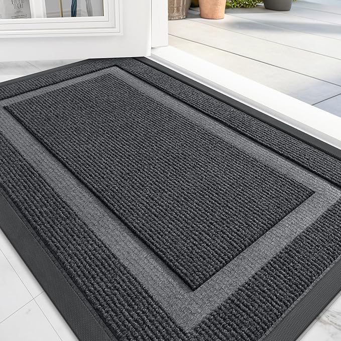 OLANLY Front Door Mat Indoor Outdoor Entrance, Waterproof All-Season, All-Weather Doormat, Sturdy Natural Rubber, Fade Resistant, Low Profile, Easy Clean Patio Porch Entryway Mat, 71x23, Grey