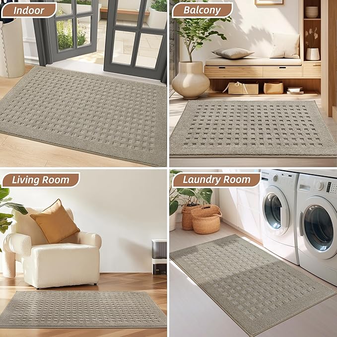 BEQHAUSE Waffle Door Mats Indoor 20"x32", Dog Mat for Muddy Paws Absorbent and Dirt Resist Floor Mats Non-Slip Washable Rugs for Entryway, Welcome Mat for Front Back Door, Muddy Wet Shoes, Beige